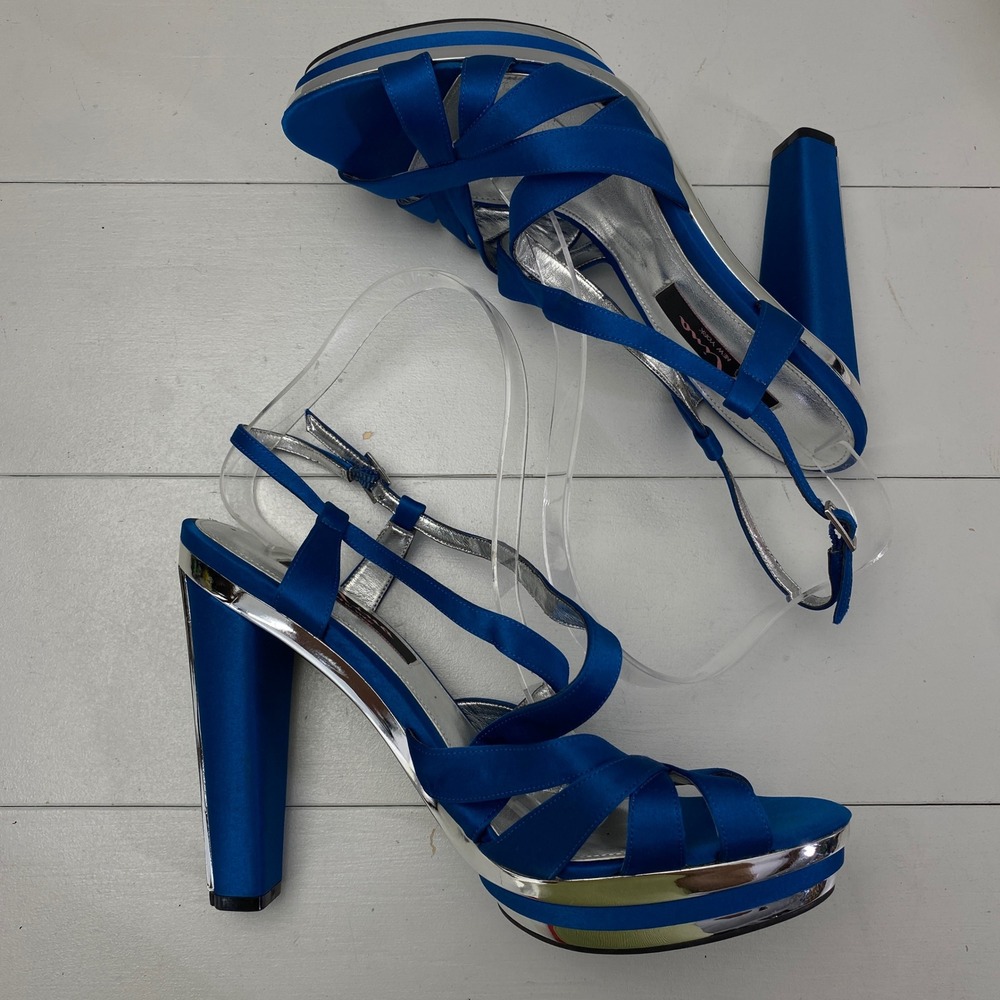 Nina New York Strappy Platform Sandals Womens 9.5 Royal Blue Satin Silver Heel